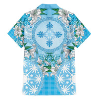 Hawaii Cyan Palaka Family Matching Short Sleeve Bodycon Dress and Hawaiian Shirt With Tapa Pattern Tropical Flowers - Polynesian Pride