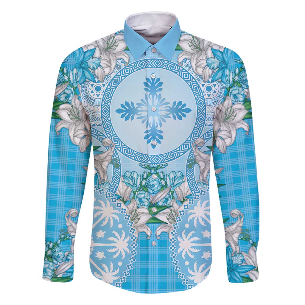 Hawaii Cyan Palaka Family Matching Summer Maxi Dress and Hawaiian Shirt With Tapa Pattern Tropical Flowers - Polynesian Pride