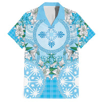 Hawaii Cyan Palaka Family Matching Tank Maxi Dress and Hawaiian Shirt With Tapa Pattern Tropical Flowers - Polynesian Pride