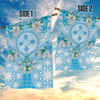 Hawaii Cyan Palaka Garden Flag With Tapa Pattern Tropical Flowers - Polynesian Pride