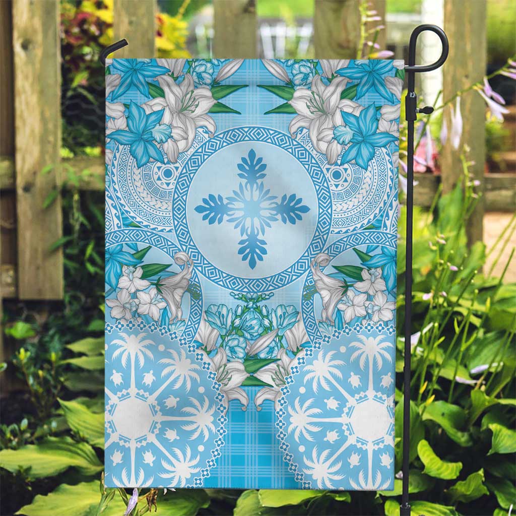 Hawaii Cyan Palaka Garden Flag With Tapa Pattern Tropical Flowers - Polynesian Pride