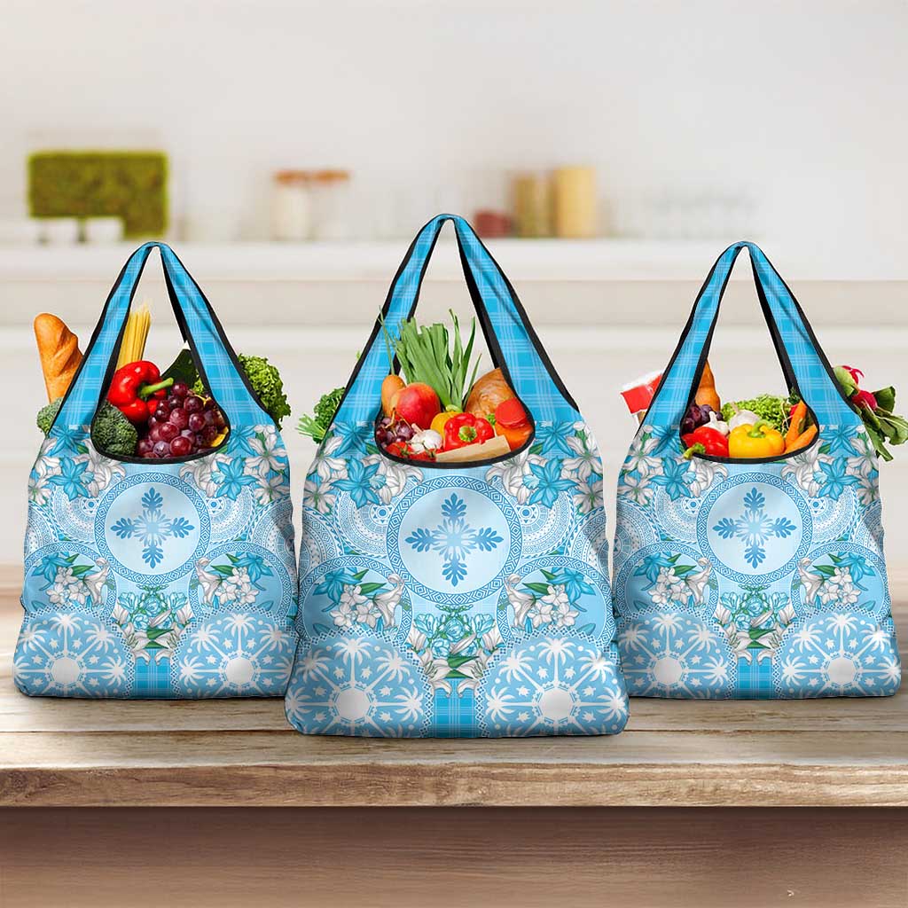 Hawaii Cyan Palaka Grocery Bag With Tapa Pattern Tropical Flowers - Polynesian Pride