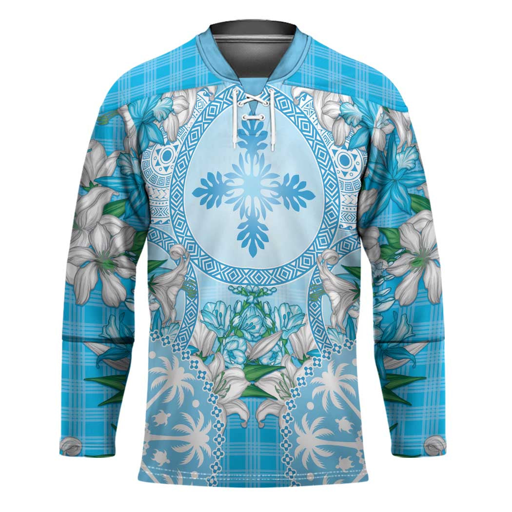 Hawaii Cyan Palaka Hockey Jersey With Tapa Pattern Tropical Flowers - Polynesian Pride