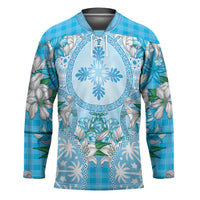 Hawaii Cyan Palaka Hockey Jersey With Tapa Pattern Tropical Flowers - Polynesian Pride