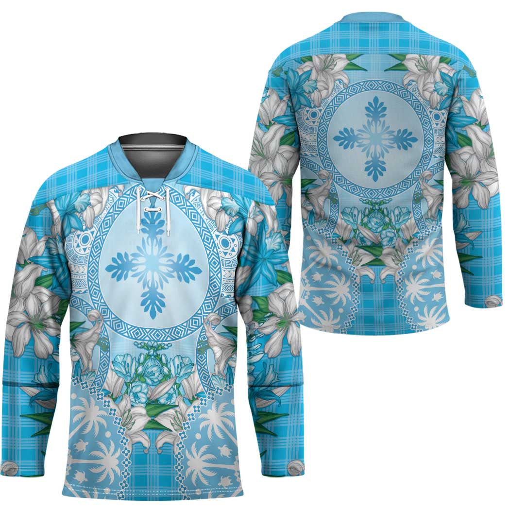 Hawaii Cyan Palaka Hockey Jersey With Tapa Pattern Tropical Flowers - Polynesian Pride