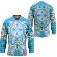 Hawaii Cyan Palaka Hockey Jersey With Tapa Pattern Tropical Flowers - Polynesian Pride