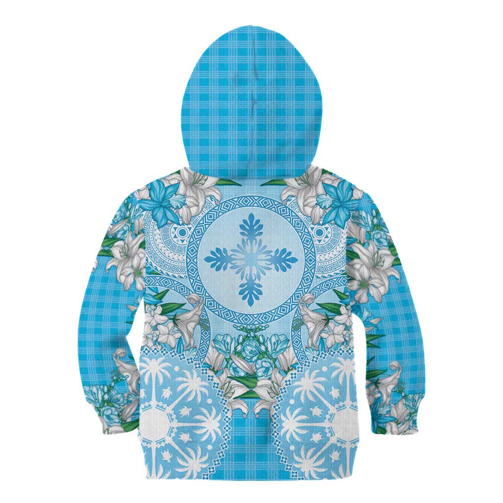 Hawaii Cyan Palaka Kid Hoodie With Tapa Pattern Tropical Flowers - Polynesian Pride
