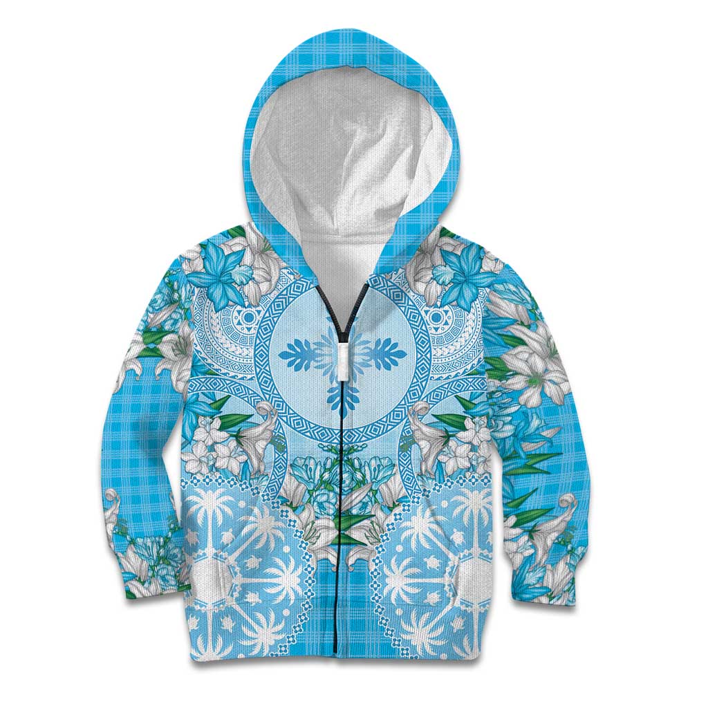 Hawaii Cyan Palaka Kid Hoodie With Tapa Pattern Tropical Flowers - Polynesian Pride
