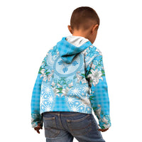 Hawaii Cyan Palaka Kid Hoodie With Tapa Pattern Tropical Flowers - Polynesian Pride