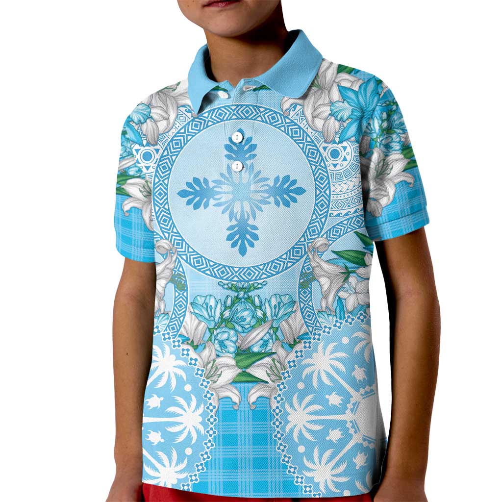 Hawaii Cyan Palaka Kid Polo Shirt With Tapa Pattern Tropical Flowers - Polynesian Pride