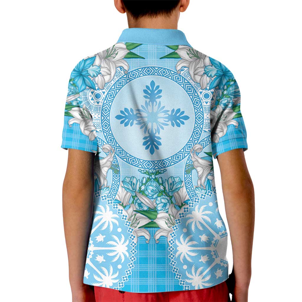 Hawaii Cyan Palaka Kid Polo Shirt With Tapa Pattern Tropical Flowers - Polynesian Pride