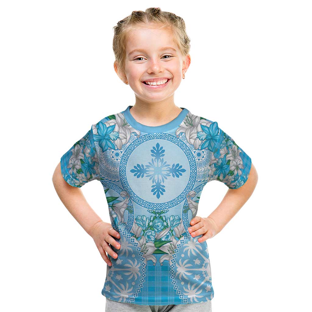 Hawaii Cyan Palaka Kid T Shirt With Tapa Pattern Tropical Flowers - Polynesian Pride