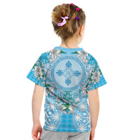 Hawaii Cyan Palaka Kid T Shirt With Tapa Pattern Tropical Flowers - Polynesian Pride