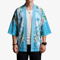 Hawaii Cyan Palaka Kimono With Tapa Pattern Tropical Flowers - Polynesian Pride