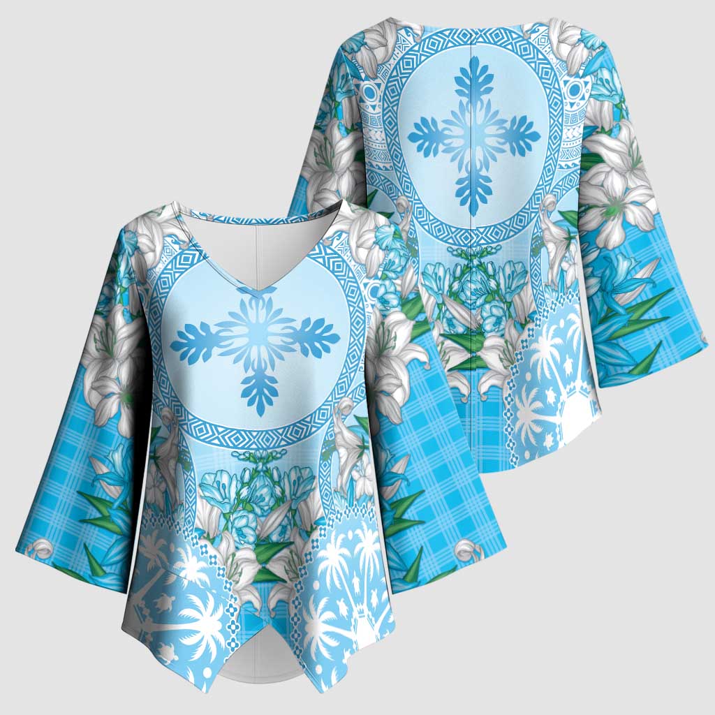 Hawaii Cyan Palaka Kimono Sleeve Blouse With Tapa Pattern Tropical Flowers - Polynesian Pride