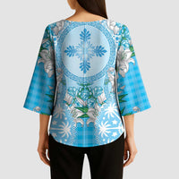 Hawaii Cyan Palaka Kimono Sleeve Blouse With Tapa Pattern Tropical Flowers - Polynesian Pride