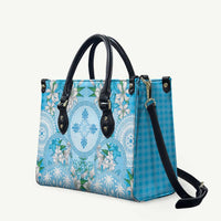 Hawaii Cyan Palaka Leather Bag With Tapa Pattern Tropical Flowers - Polynesian Pride