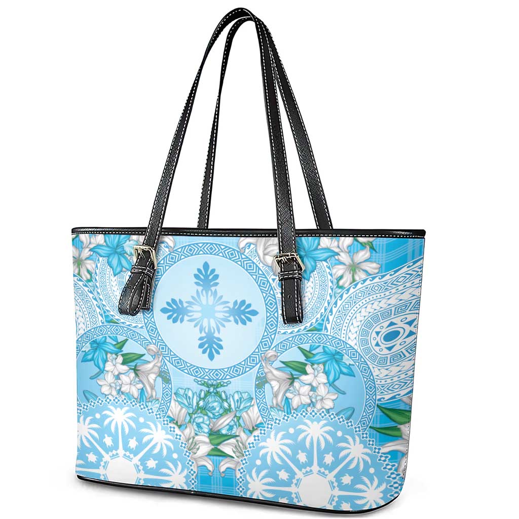 Hawaii Cyan Palaka Leather Tote Bag With Tapa Pattern Tropical Flowers - Polynesian Pride