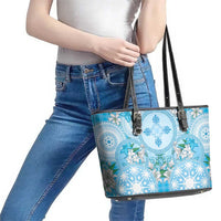 Hawaii Cyan Palaka Leather Tote Bag With Tapa Pattern Tropical Flowers - Polynesian Pride