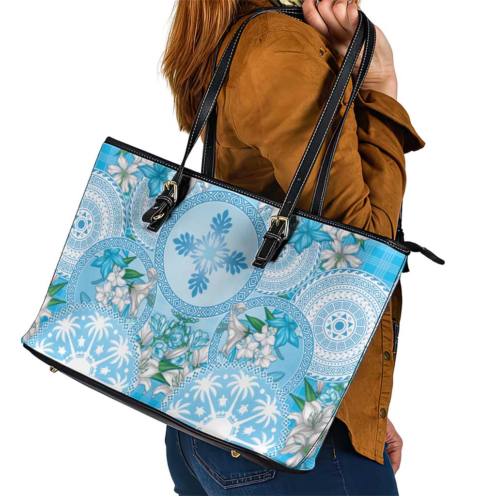 Hawaii Cyan Palaka Leather Tote Bag With Tapa Pattern Tropical Flowers - Polynesian Pride