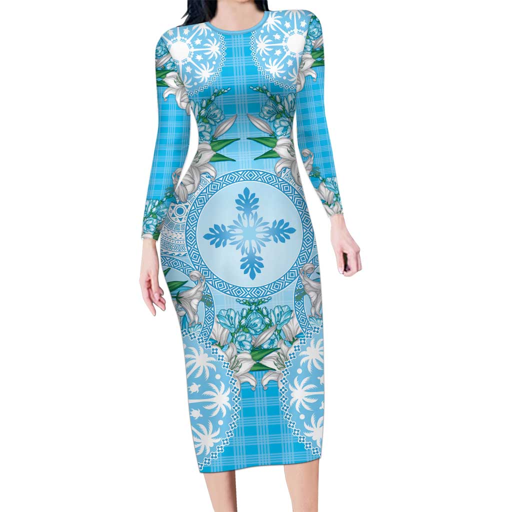 Hawaii Cyan Palaka Long Sleeve Bodycon Dress With Tapa Pattern Tropical Flowers - Polynesian Pride