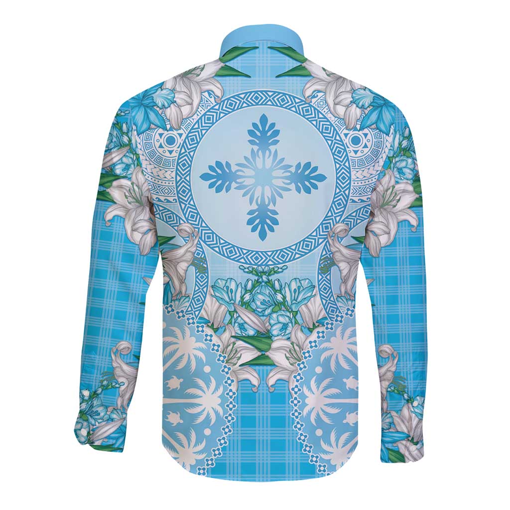 Hawaii Cyan Palaka Long Sleeve Button Shirt With Tapa Pattern Tropical Flowers - Polynesian Pride