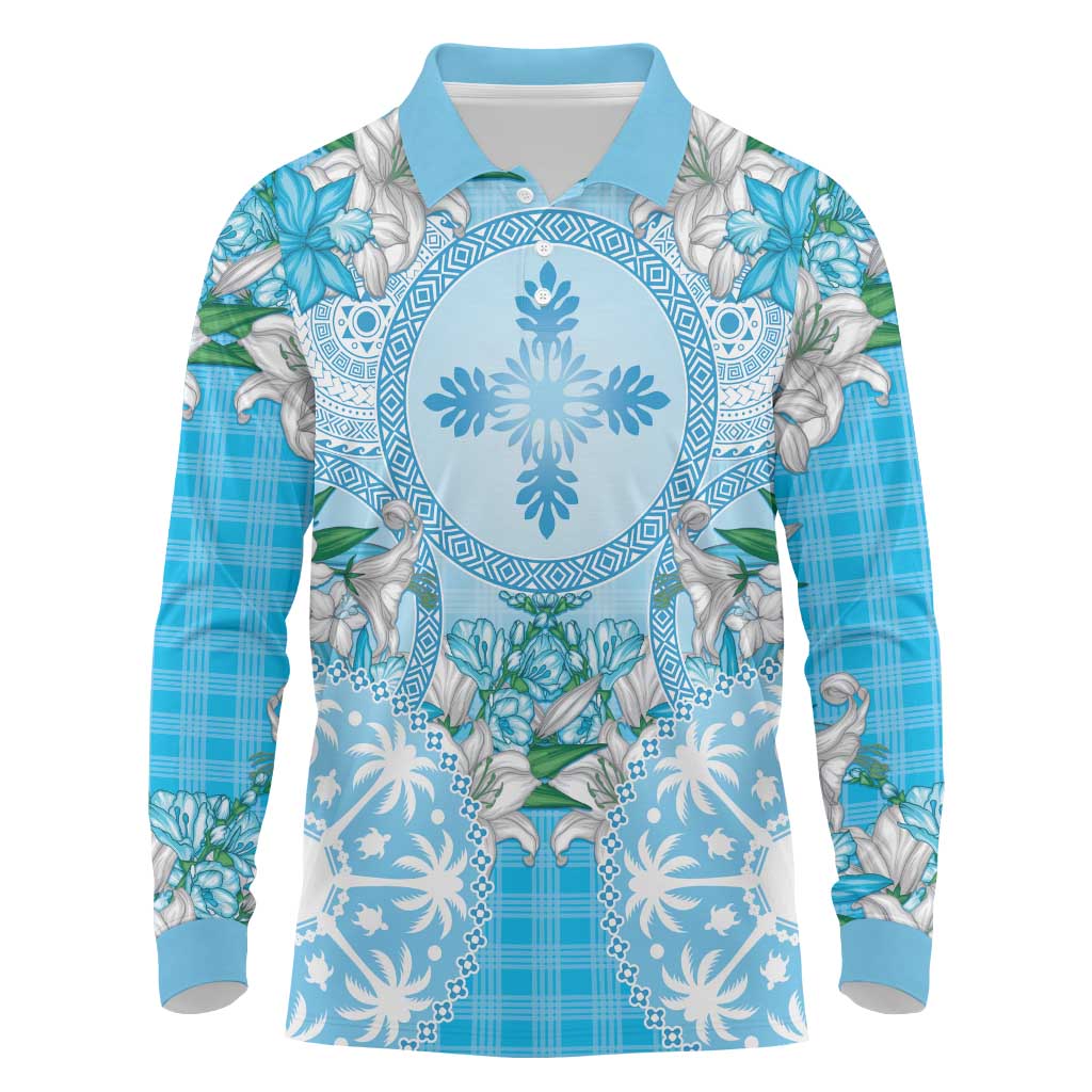 Hawaii Cyan Palaka Long Sleeve Polo Shirt With Tapa Pattern Tropical Flowers - Polynesian Pride