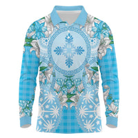 Hawaii Cyan Palaka Long Sleeve Polo Shirt With Tapa Pattern Tropical Flowers - Polynesian Pride