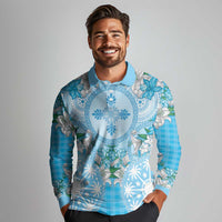 Hawaii Cyan Palaka Long Sleeve Polo Shirt With Tapa Pattern Tropical Flowers - Polynesian Pride