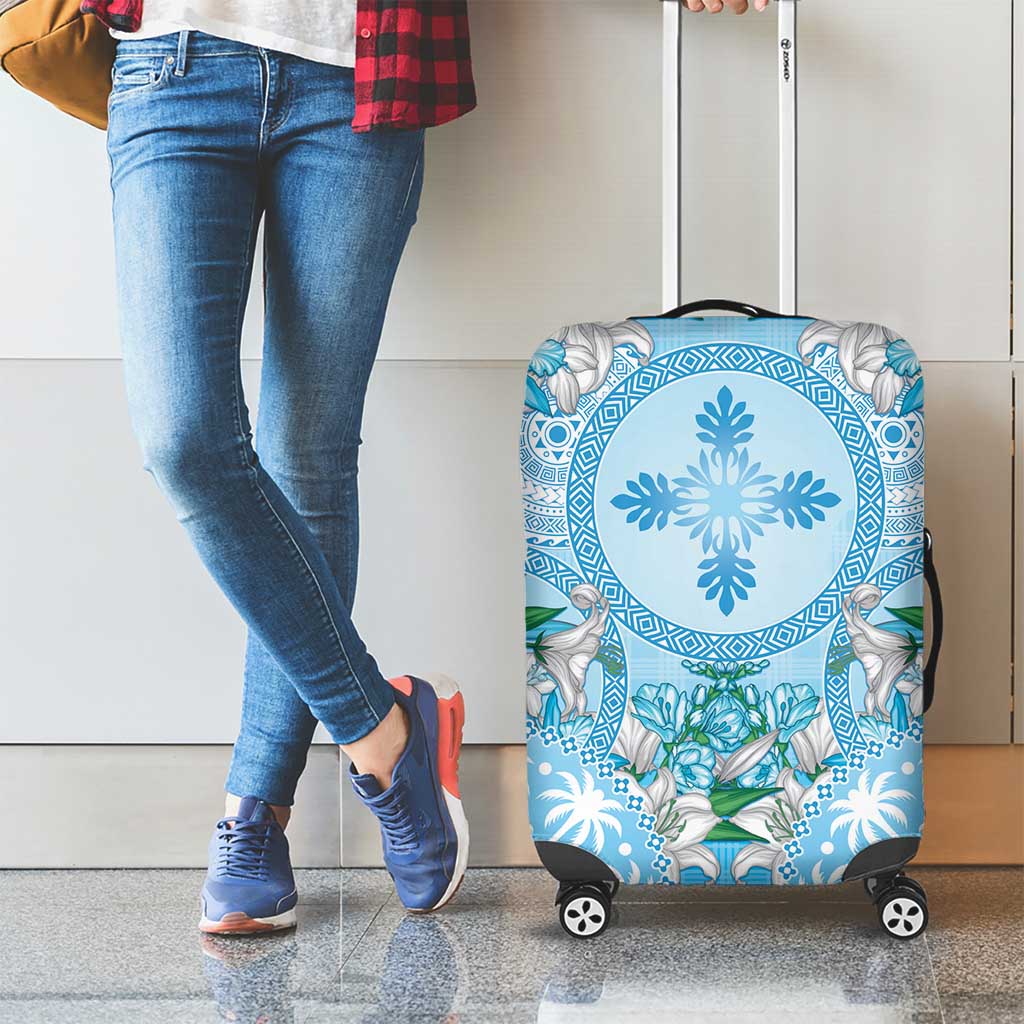 Hawaii Cyan Palaka Luggage Cover With Tapa Pattern Tropical Flowers - Polynesian Pride
