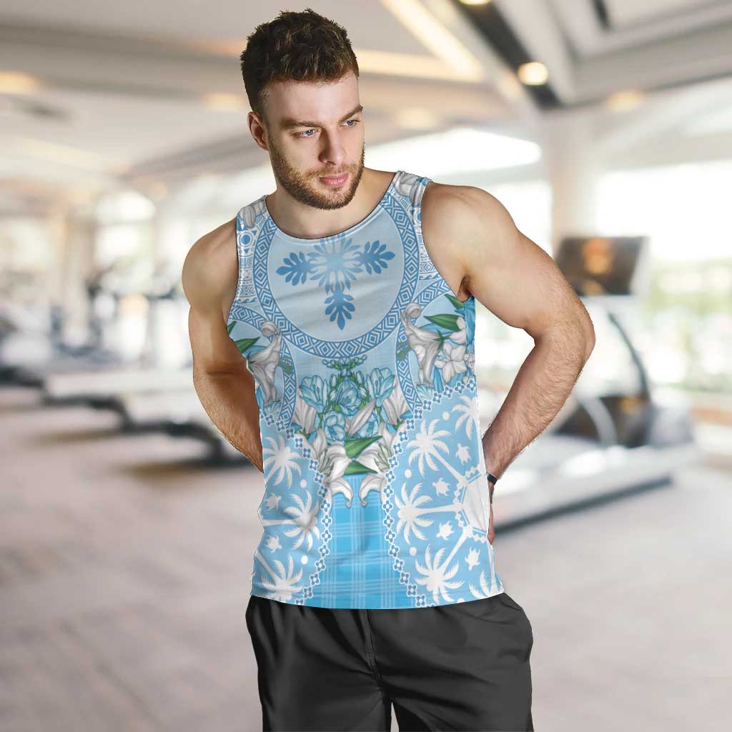 Hawaii Cyan Palaka Men Tank Top With Tapa Pattern Tropical Flowers - Polynesian Pride