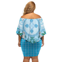 Hawaii Cyan Palaka Off Shoulder Short Dress With Tapa Pattern Tropical Flowers - Polynesian Pride