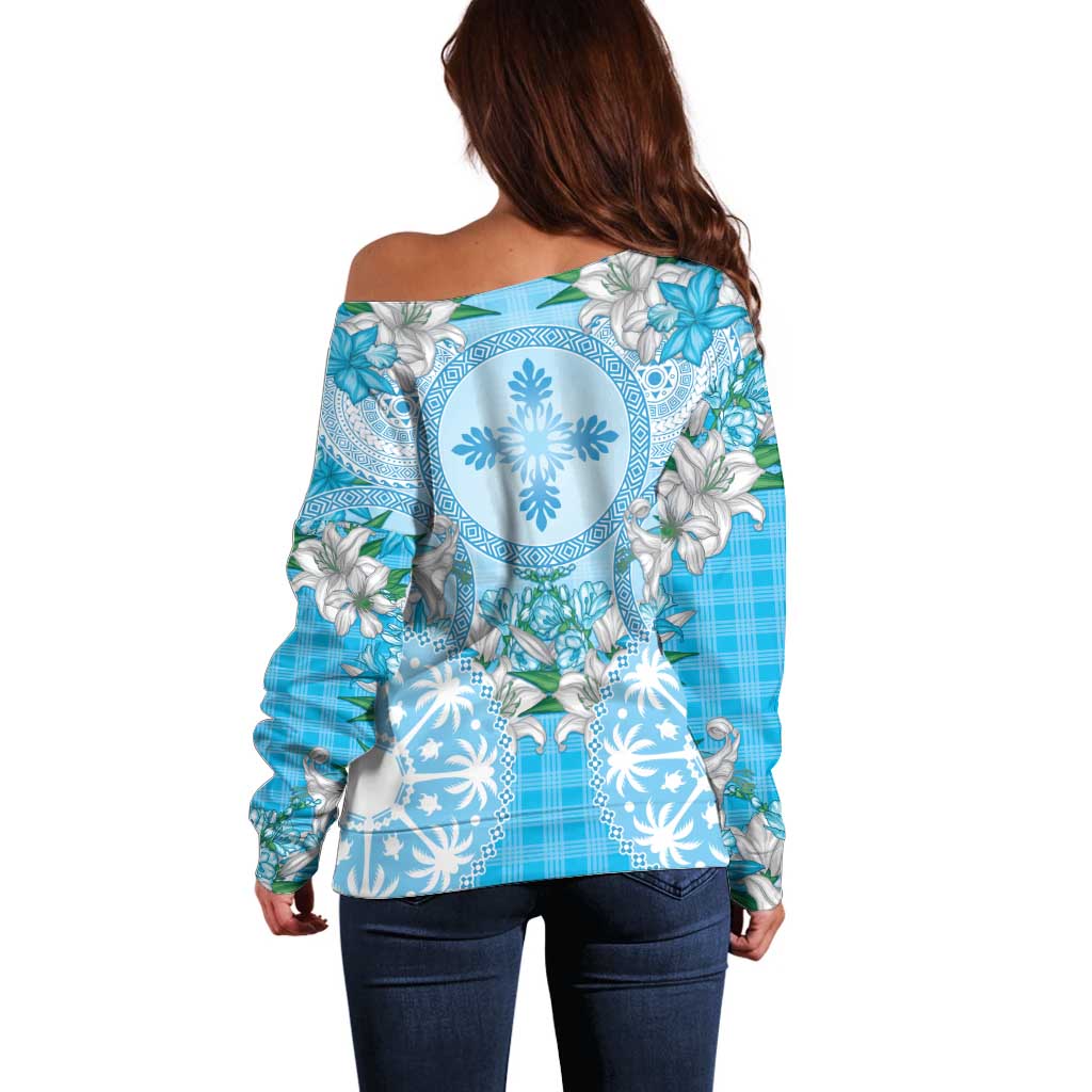 Hawaii Cyan Palaka Off Shoulder Sweater With Tapa Pattern Tropical Flowers - Polynesian Pride