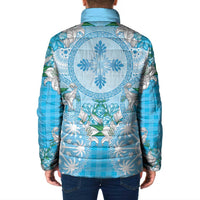 Hawaii Cyan Palaka Padded Jacket With Tapa Pattern Tropical Flowers - Polynesian Pride