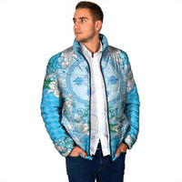 Hawaii Cyan Palaka Padded Jacket With Tapa Pattern Tropical Flowers - Polynesian Pride