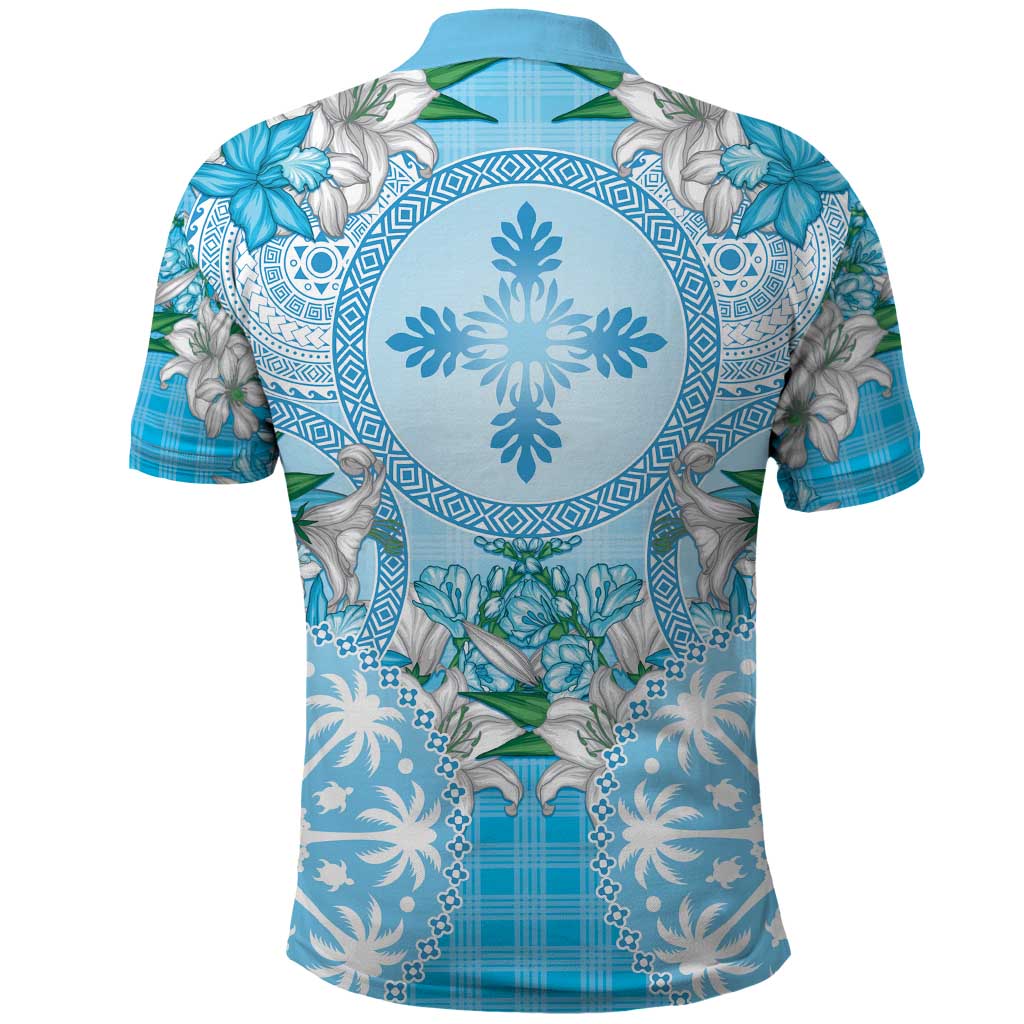 Hawaii Cyan Palaka Polo Shirt With Tapa Pattern Tropical Flowers - Polynesian Pride
