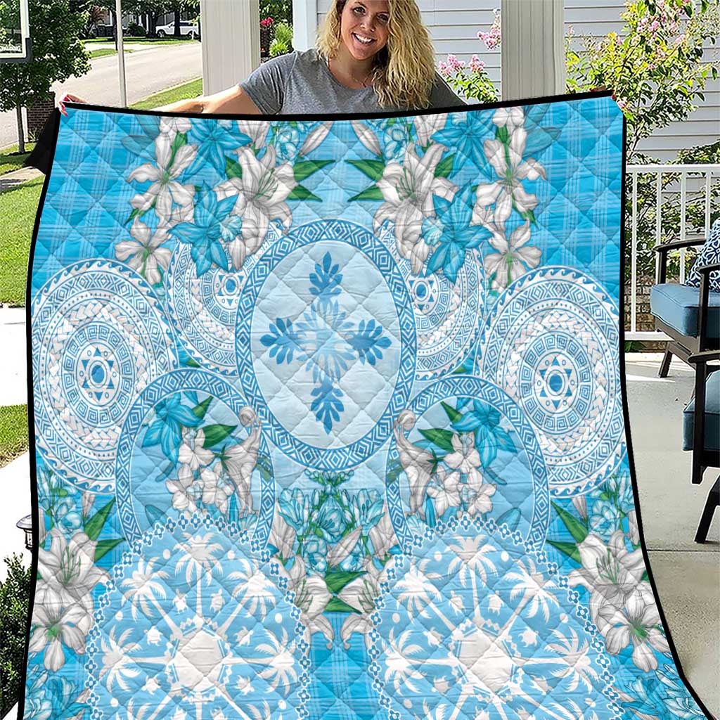Hawaii Cyan Palaka Quilt With Tapa Pattern Tropical Flowers - Polynesian Pride