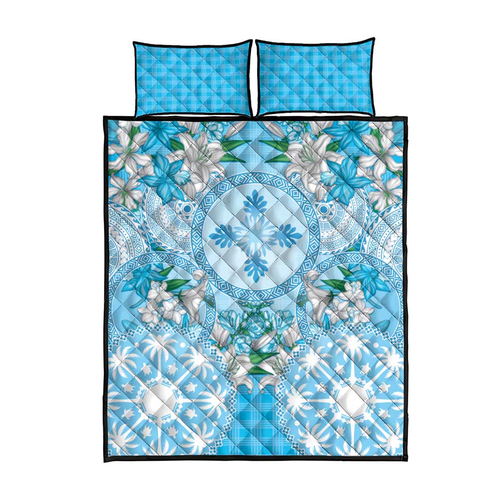 Hawaii Cyan Palaka Quilt Bed Set With Tapa Pattern Tropical Flowers - Polynesian Pride