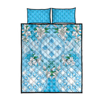 Hawaii Cyan Palaka Quilt Bed Set With Tapa Pattern Tropical Flowers - Polynesian Pride