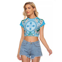 Hawaii Cyan Palaka Raglan Cropped T Shirt With Tapa Pattern Tropical Flowers - Polynesian Pride