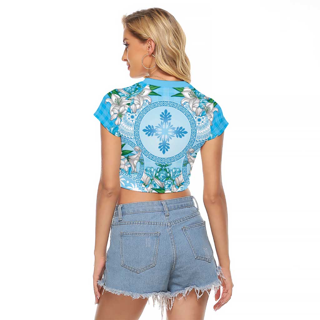Hawaii Cyan Palaka Raglan Cropped T Shirt With Tapa Pattern Tropical Flowers - Polynesian Pride