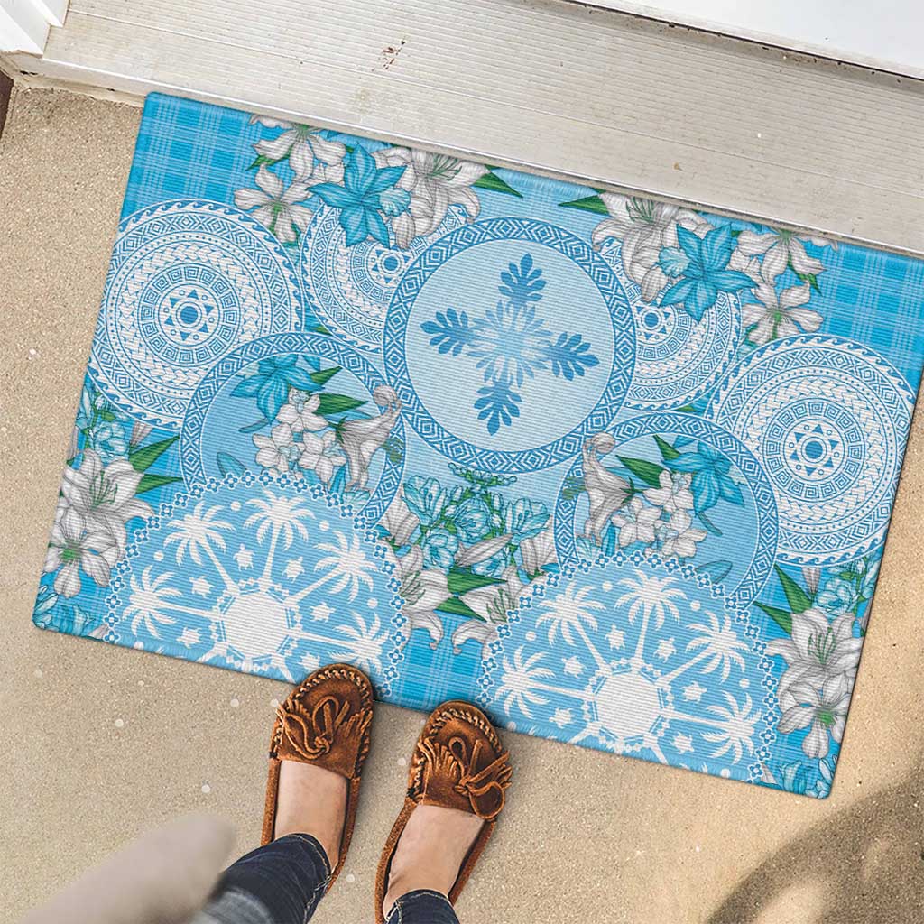 Hawaii Cyan Palaka Rubber Doormat With Tapa Pattern Tropical Flowers - Polynesian Pride
