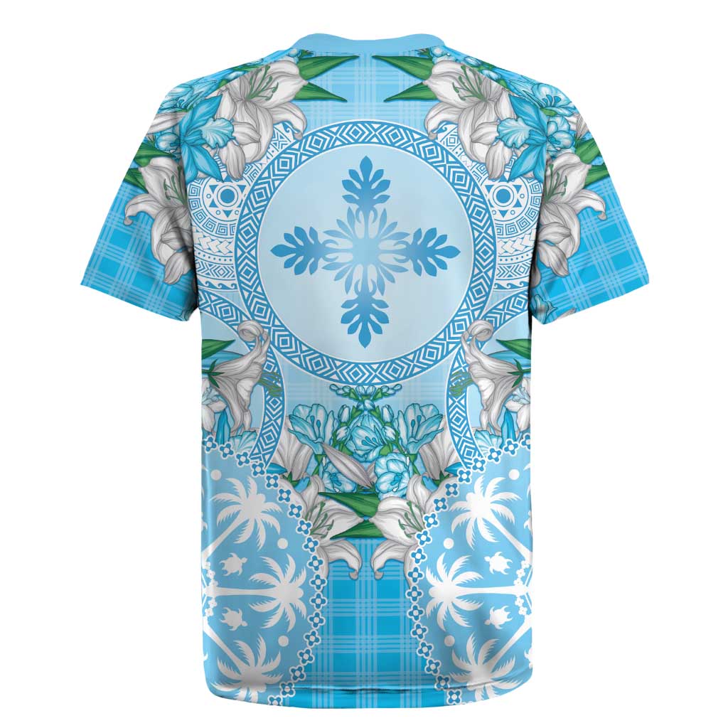 Hawaii Cyan Palaka Rugby Jersey With Tapa Pattern Tropical Flowers - Polynesian Pride