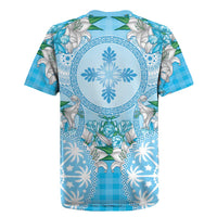 Hawaii Cyan Palaka Rugby Jersey With Tapa Pattern Tropical Flowers - Polynesian Pride