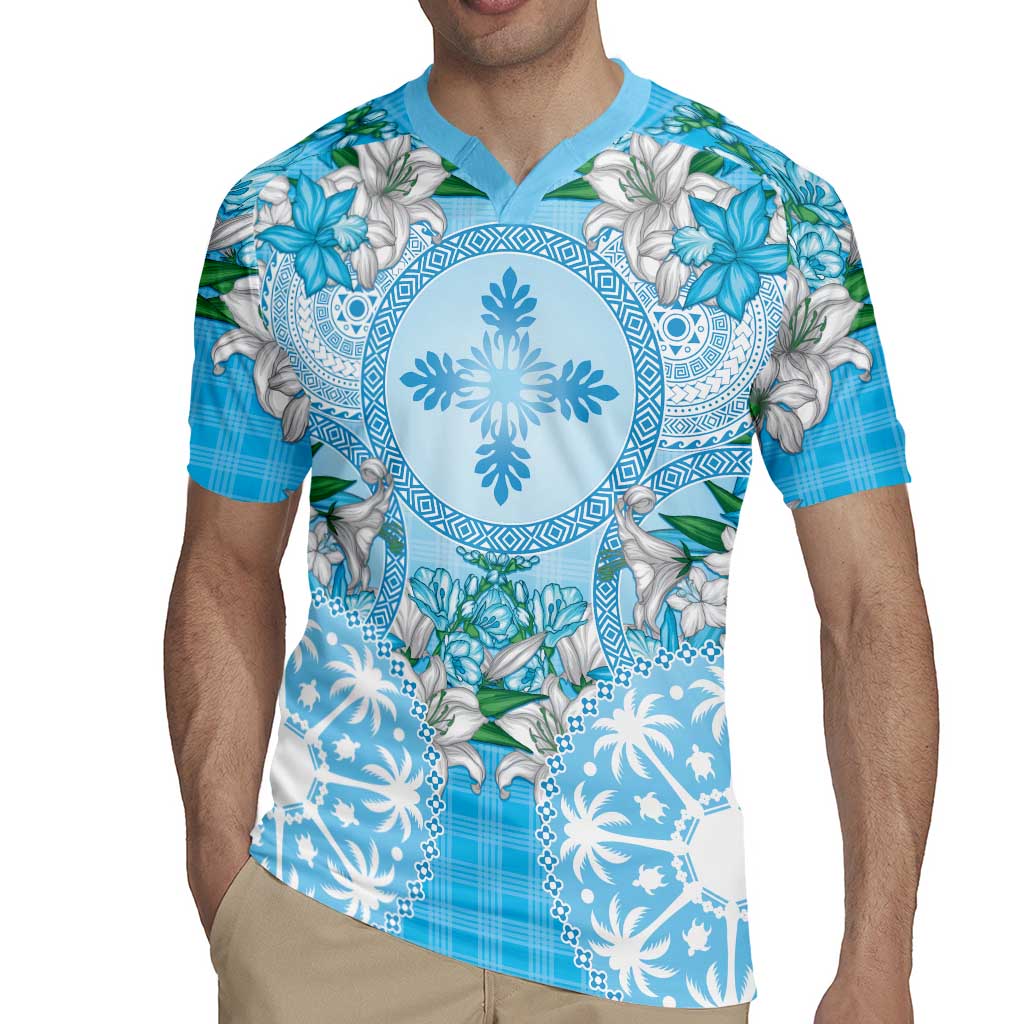 Hawaii Cyan Palaka Rugby Jersey With Tapa Pattern Tropical Flowers - Polynesian Pride
