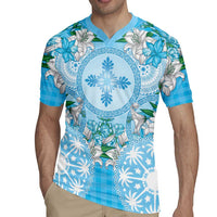 Hawaii Cyan Palaka Rugby Jersey With Tapa Pattern Tropical Flowers - Polynesian Pride