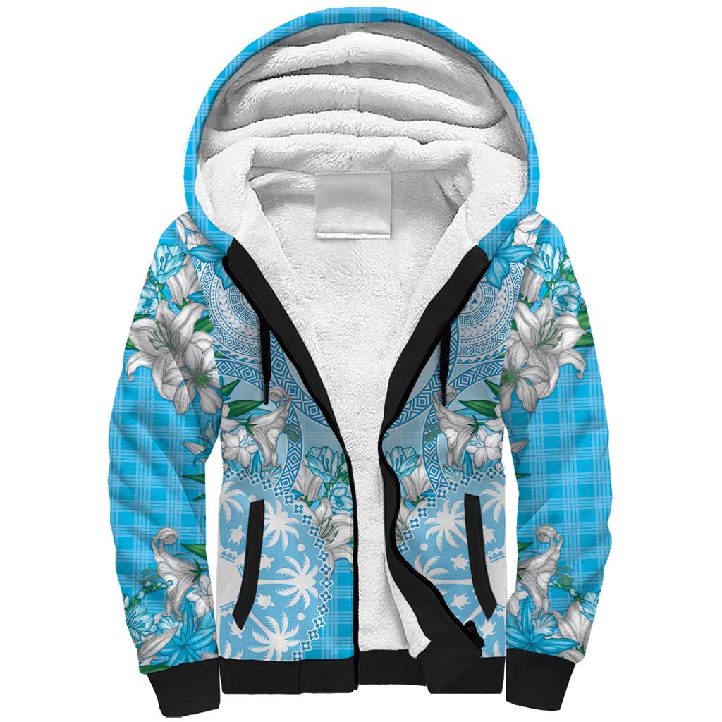 Hawaii Cyan Palaka Sherpa Hoodie With Tapa Pattern Tropical Flowers - Polynesian Pride