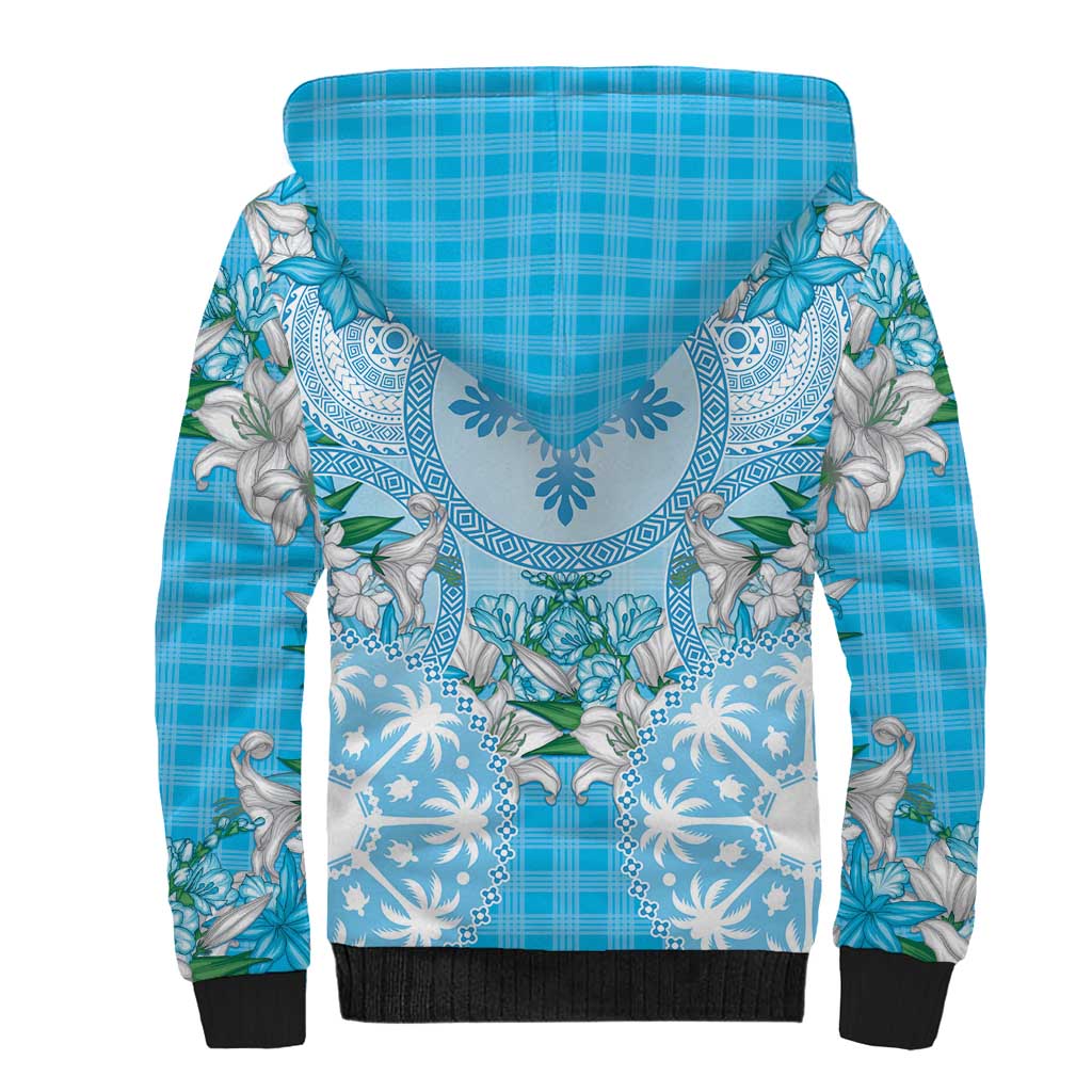 Hawaii Cyan Palaka Sherpa Hoodie With Tapa Pattern Tropical Flowers - Polynesian Pride