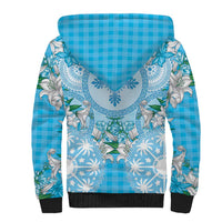 Hawaii Cyan Palaka Sherpa Hoodie With Tapa Pattern Tropical Flowers - Polynesian Pride