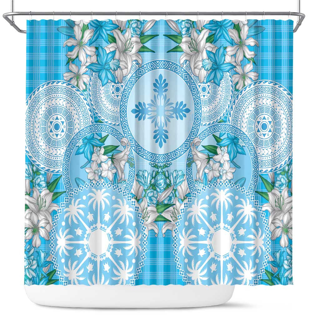 Hawaii Cyan Palaka Shower Curtain With Tapa Pattern Tropical Flowers - Polynesian Pride
